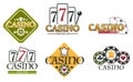 Casino logos with lucky seven on slot machine and roulette