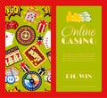 Casino online set of banners vector illustration. Includes roulette, casino chips, playing cards, winning jackpot. Sack