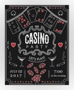 Casino party invitation on chalkboard with decorative elements.