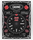 Casino party invitation on chalkboard with fortune wheel, dice, poker chips. Gambling symbols. Royalty Free Stock Photo