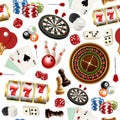 Casino pattern. Poker cards doodle domino bowling darts roulette checkers vector symbols of games seamless realistic