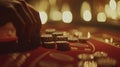 In a casino, a player is placing chips on a roulette table, with the interior lights blurred in the background Royalty Free Stock Photo