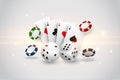 Casino playing cards dice and flying chips background Royalty Free Stock Photo