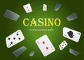 Casino Playing Cards are falling down. Playing Cards rain. Empty advertising poster. Classic green bckground Royalty Free Stock Photo