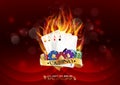 Casino poker banner with chips and poker cards burn in the fire on red background