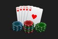 Casino and poker chips combined with a Royal Flush hand Royalty Free Stock Photo