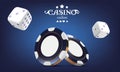 Casino poker chips and dice. Casino game 3D chips. Online casino banner. Blue realistic chip. Gambling concept, poker