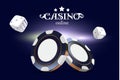 Casino poker chips and dice. Casino game 3D chips. Online casino banner. Blue realistic chip. Gambling concept, poker