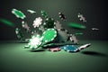 Casino poker chips falling green table. Ai generative Royalty Free Stock Photo