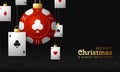 Casino Poker Christmas card. Merry Christmas sport greeting card. Hang on a thread casino poker chip as a xmas ball and golden