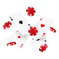 Casino poker design template. Falling poker cards and chips. Winner concept. Casino lucky background. Royalty Free Stock Photo