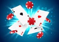 Casino poker design template. Falling poker cards and chips. Winner concept. Casino lucky background. Royalty Free Stock Photo