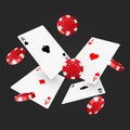 Casino poker design template. Falling poker cards and chips. Winner concept. Casino lucky background.