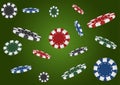 Casino poker green background. Falling chips, isolated. Game concept. Vector illustration Royalty Free Stock Photo