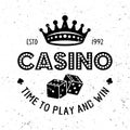 Casino and poker room vector gambling emblem, badge, label or logo with dice and royal crown on textured background