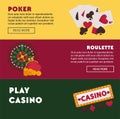 Casino poker roulette play web banners vector design of chips and gamble cards for online internet game Royalty Free Stock Photo