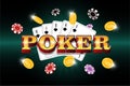 Casino poker tournament poster. Gold 3d inscription with playing cards, chips and money coins. Royal flush in spades Royalty Free Stock Photo