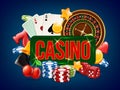 Casino poster. Advertising of poker dice bowling gambling domino and others casino games vector placard template Royalty Free Stock Photo