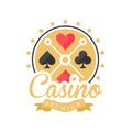 Casino premium logo, colorful vintage gambling badge or emblem with aces playing cards vector Illustration Royalty Free Stock Photo