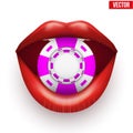 Casino purple chips in female red lips. Vector Royalty Free Stock Photo