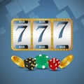 Casino realistic slot machine with gold coin and chips