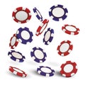 Casino red and blue poker chips isolated on white realistic 3d objects. Online casino banner. Red and blue realisti