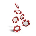 Casino red chips isolated on white realistic 3d objects. Online casino banner. Red realistic chip in the air. Gamblin