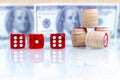 Casino red dices on gaming table US Dollar background Royalty Free Stock Photo