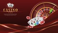 Online casino red luxury background with roulette wheel, flying cards and poker chips. Royalty Free Stock Photo