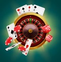 Casino roulette with chips, coins and red dice realistic gambling poster banner. Casino vegas fortune roulette wheel design flyer Royalty Free Stock Photo