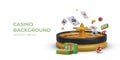 Casino roulette, money, playing cards, poker chips. Color realistic illustration on white background Royalty Free Stock Photo