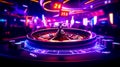 Casino roulette with neon lights and neon signs in the background. Generative AI