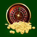 Casino roulette and a scattering of gold chips on a green background. Highly realistic illustration