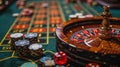 Casino roulette table with chips and red dice, close up Royalty Free Stock Photo