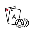 Casino Roulette in Vegas Outline Pictogram. Play Card Gamble Game Flat Symbol. Play Poker Card Chip Black Line Icon Royalty Free Stock Photo