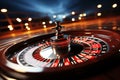 Casino roulette wheel catches falling cubes while poker chips in selective focus, gambling concept Royalty Free Stock Photo