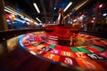 Casino roulette wheel catching cubes with poker chips in selective focus gambling concept