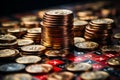 Casino roulette wheel catching falling cubes with poker chips in selective focus