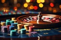 Casino roulette wheel catching falling cubes with poker chips in selective focus on gambling table Royalty Free Stock Photo