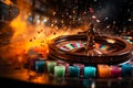 Casino roulette wheel catching falling cubes with selective focus on poker chips Royalty Free Stock Photo