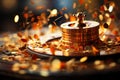 Casino roulette wheel catching falling cubes with selective focus on poker chips