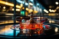 Casino roulette wheel catching falling cubes with selective focus on poker chips