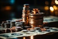 Casino roulette wheel catching falling cubes with selective focus on poker chips Royalty Free Stock Photo