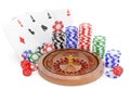 casino roulette wheel, chips, dice and cards for poker. Royalty Free Stock Photo