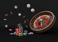 Casino roulette wheel chips isolated on black. Casino game 3D chips. Online casino banner. Black realistic casino chip