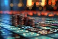 Casino roulette wheel collecting falling cubes with selective focus on poker chips