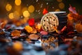 Casino roulette wheel with cubes falling and poker chips in selective focus on gambling table Royalty Free Stock Photo