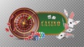 Casino roulette wheel with flying cards, poker chips and dice. Isolated on dark background. Royalty Free Stock Photo