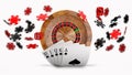 Casino roulette wheel and flying chips background with Royal Flush hand combination Royalty Free Stock Photo