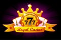 Casino Royale banner with ribbon and crown, icon and text. Symbols poker, 777, Playing Cards and game chip. Vector